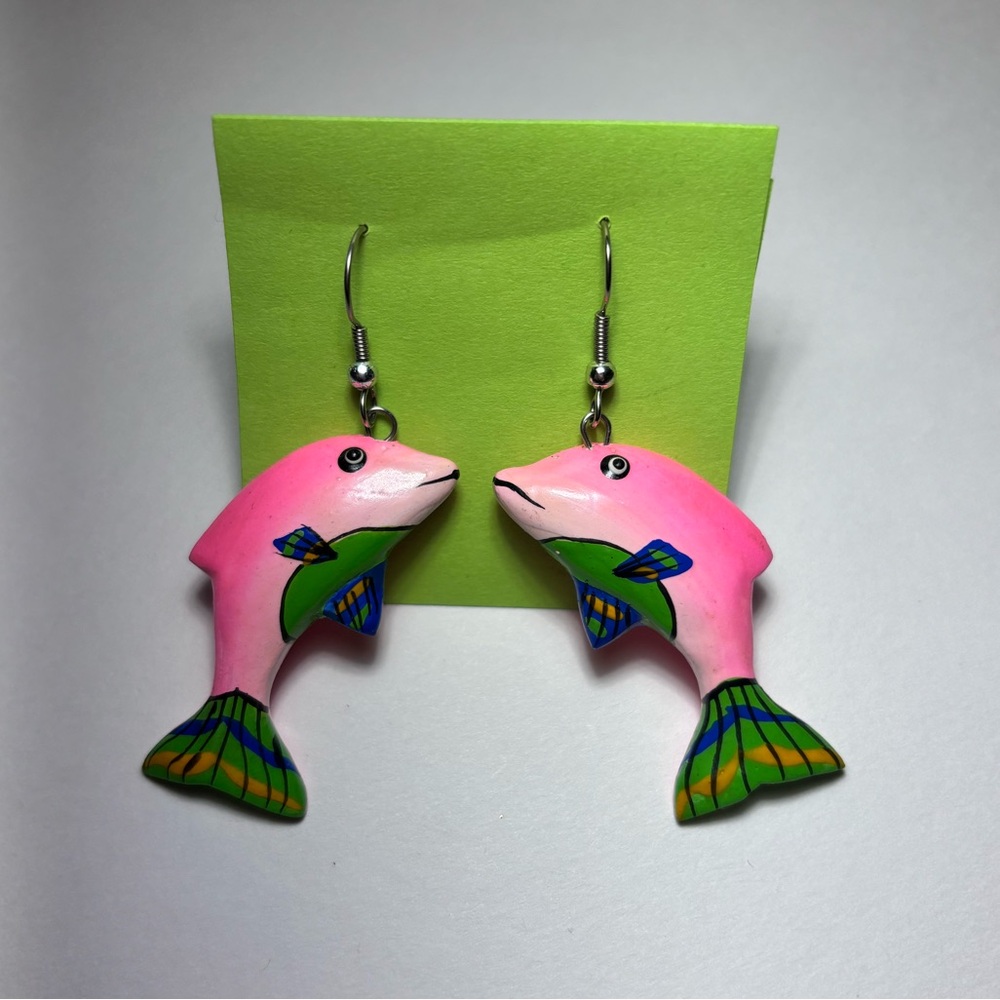 Funky Pink and Green Fish Dangle Earrings